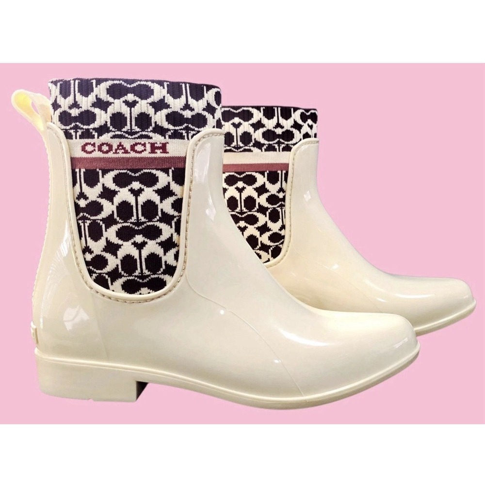 COACH Rivington Women's Size 9 Rain Boots Chalk White Signature Knit Logo